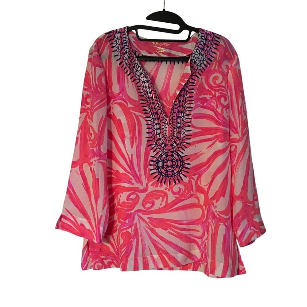Lilly Pulitzer Pink Silk Tunic Top Women's Size L Embroidered Neckline Long